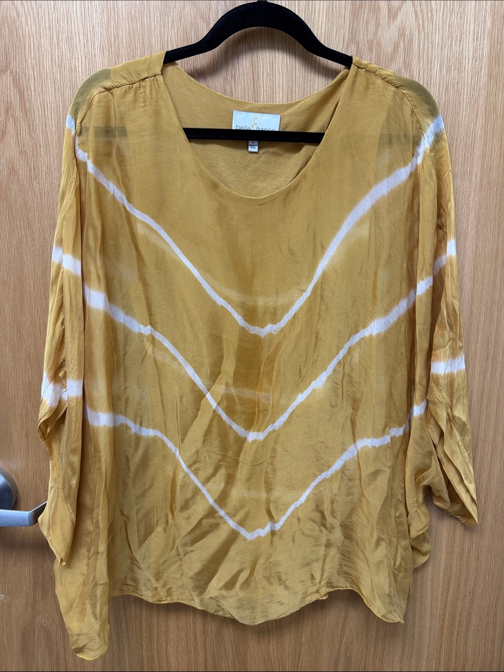 Belle France Women’s Mustard and White Stripe Flowy Blouse Silk Blend 3/4 Sleeve